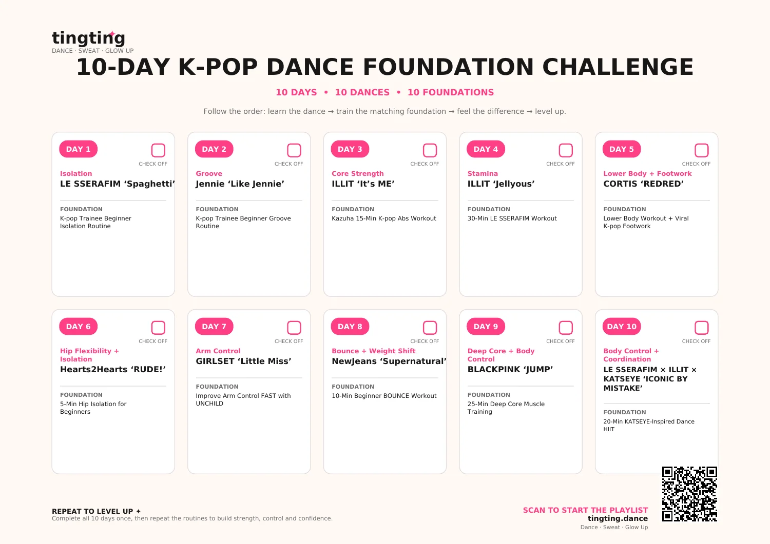 Preview of the printable calendar with ten daily dance and foundation pairings and checkboxes